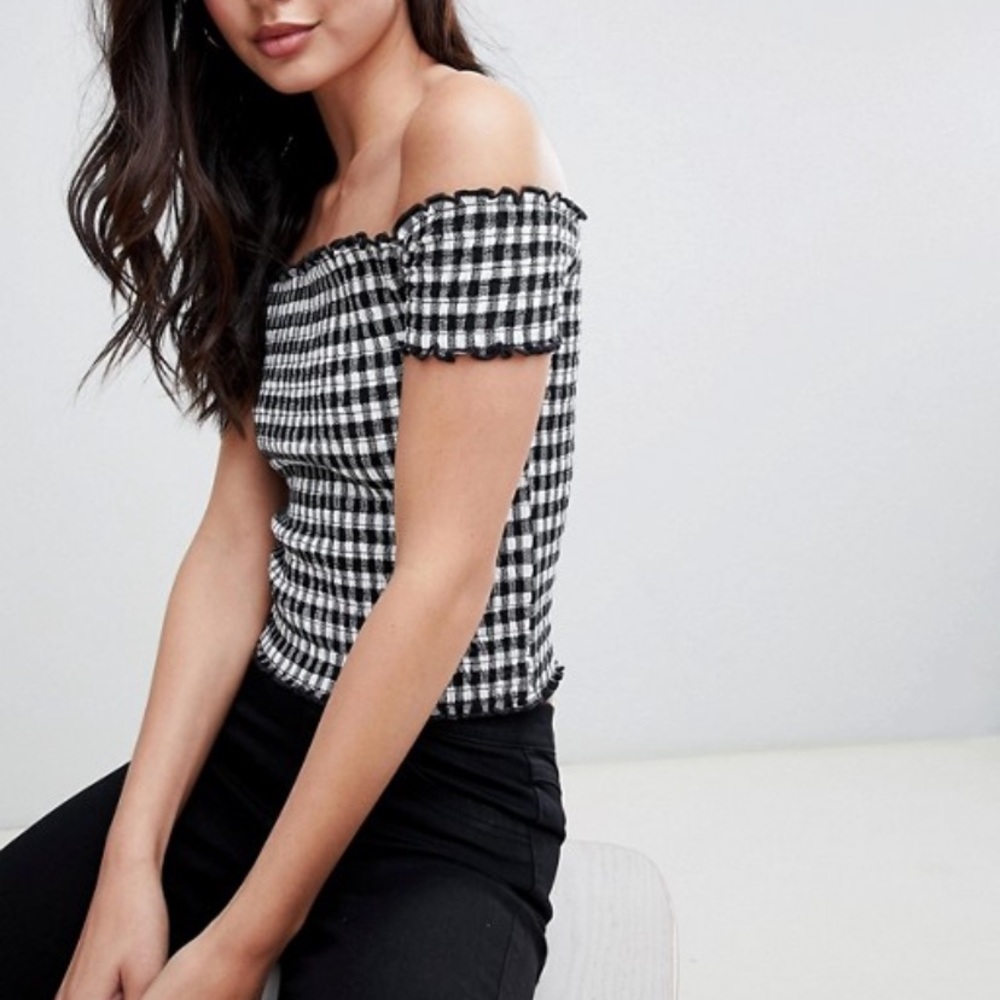Gingham off the shoulder shirt